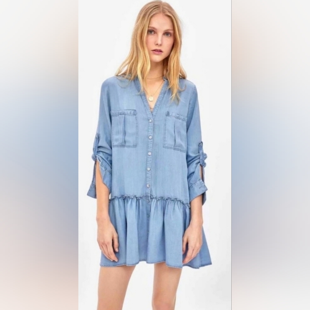 Zara Blue Light Wash Denim Midi Dress Size XS